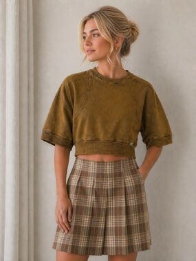 BDG Dark Olive Mustard Green Crop Short Sleeve Sweatshirt Urban Outfitters